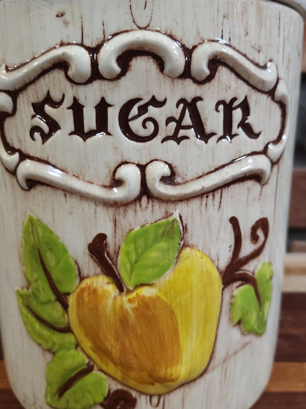 Vintage Treasure Craft Ceramic Wood Grain Apple Sugar Canister Cottagecore Retro - Picture 3 of 14